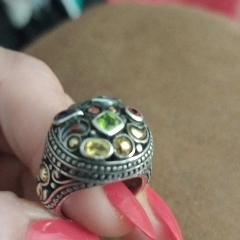 🔥Vintage Samuel Benham Sterling Silver 18 K gold W/Real Gemstones Cocktail Ring - Picture 9 of 11